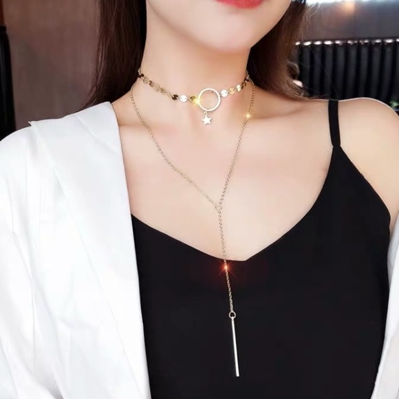 Gold-Tone tow-rows choker & necklace - Picture 1 of 8